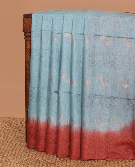 Blue geometric motifs linen saree with contrast geometric design & sequins embroidery pallu