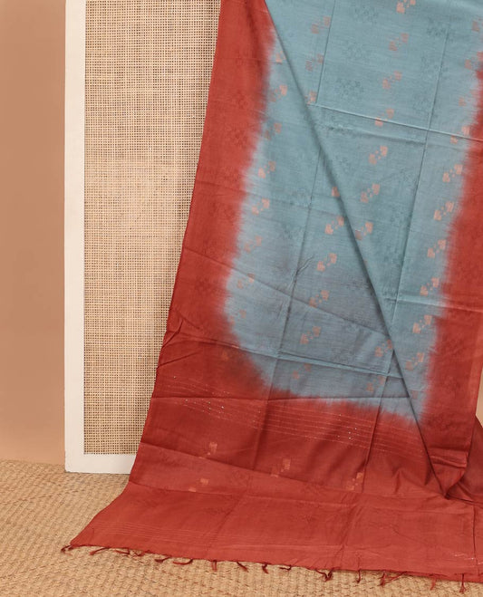 Blue geometric motifs linen saree with contrast geometric design & sequins embroidery pallu