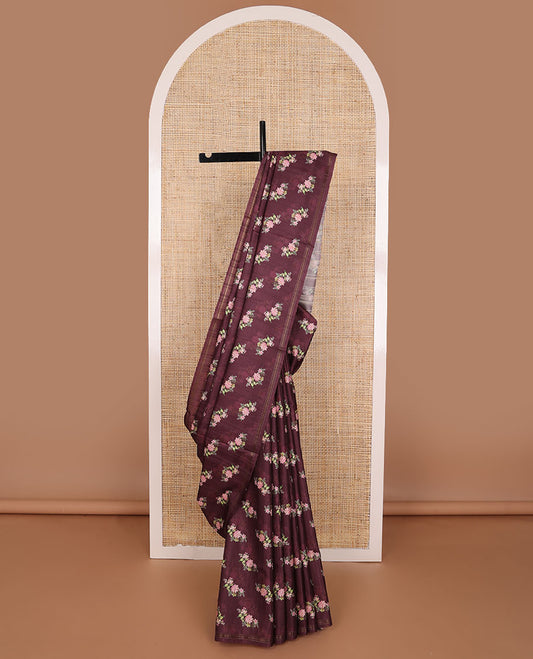 Borderless violet floral motifs kamala silk saree with contrast plain blouse