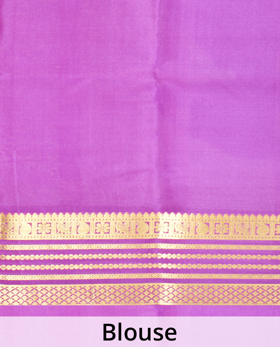 Pink Plain Mysore Silk Saree, Complemented by a Contrast Border Featuring Peacock, Paisley, and Floral Zari Designs, Pallu Steeped with Zari Stripes, and Paired with a Contrast Blouse