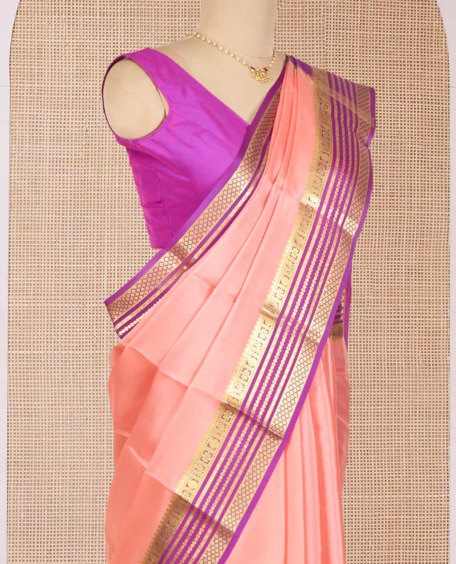 Pink Plain Mysore Silk Saree, Complemented by a Contrast Border Featuring Peacock, Paisley, and Floral Zari Designs, Pallu Steeped with Zari Stripes, and Paired with a Contrast Blouse