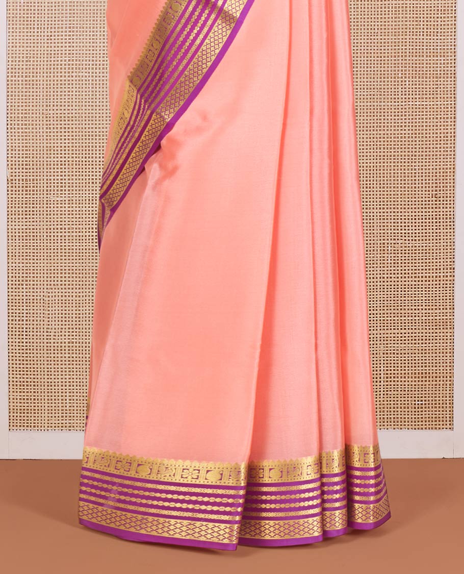 Pink Plain Mysore Silk Saree, Complemented by a Contrast Border Featuring Peacock, Paisley, and Floral Zari Designs, Pallu Steeped with Zari Stripes, and Paired with a Contrast Blouse
