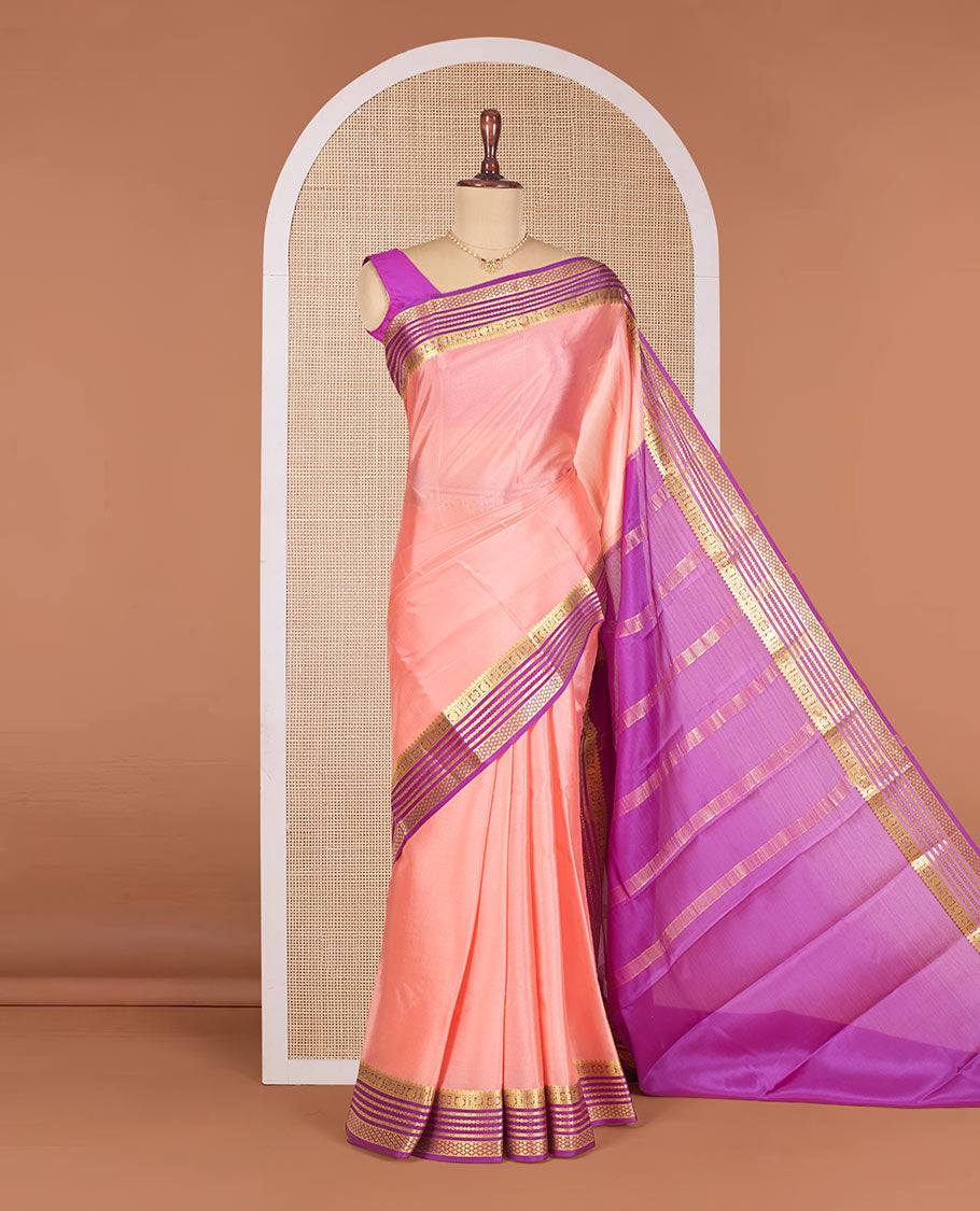 Pink Plain Mysore Silk Saree, Complemented by a Contrast Border Featuring Peacock, Paisley, and Floral Zari Designs, Pallu Steeped with Zari Stripes, and Paired with a Contrast Blouse