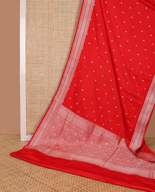 Red floral motifs banaras silk saree with self border of zari design & floral design pallu