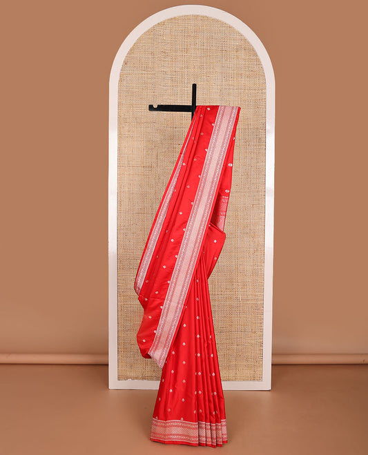 Red floral motifs banaras silk saree with self border of zari design & floral design pallu