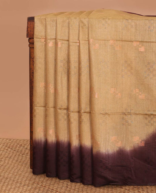 Pale Brown geometric motifs linen saree with contrast geometric design & sequins embroidery pallu