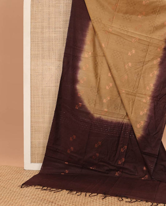 Pale Brown geometric motifs linen saree with contrast geometric design & sequins embroidery pallu