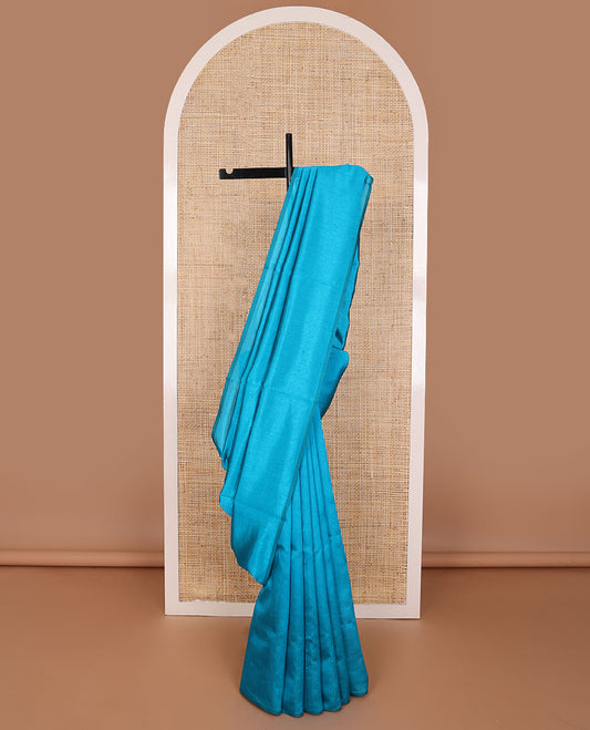 Borderless blue kamala silk saree with contrast floral design blouse