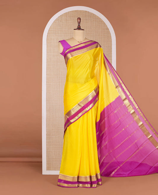 Kesar Yellow Plain Mysore Silk Saree, Complemented by a Contrast Temple Border of Jaal Designs, Pallu Steeped with Zari Stripes, and Paired with a Contrast Blouse