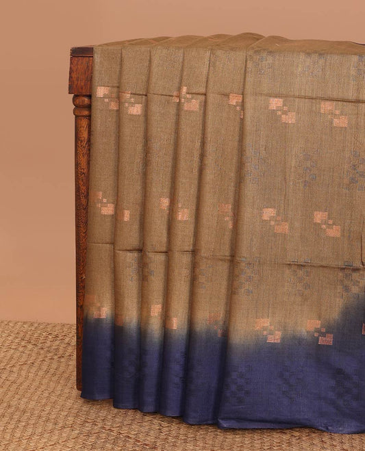 Brown geometric motifs linen saree with contrast geometric design & motifs,sequins embroidery pallu