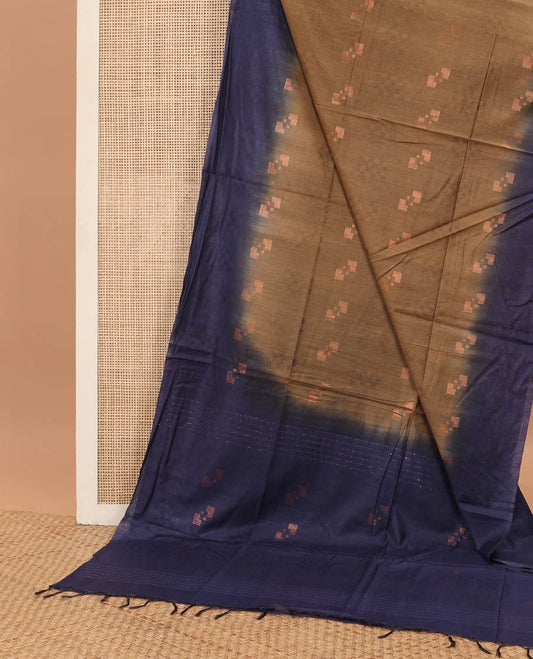 Brown geometric motifs linen saree with contrast geometric design & motifs,sequins embroidery pallu