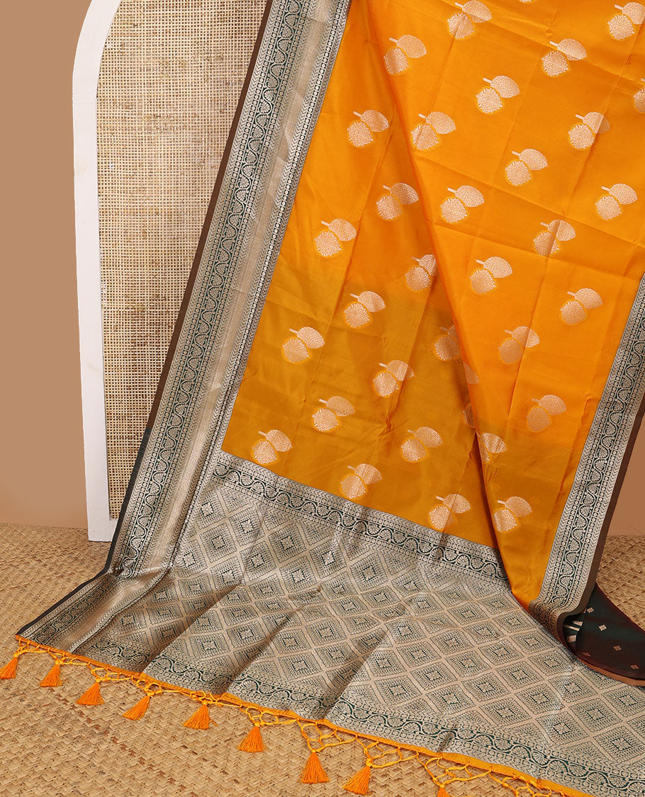 Orange leaf motifs butter silk saree with contrast intricate zari design border & argyle design pallu