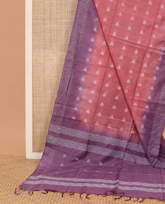Red motifs linen saree with contrast striped border & geometric motifs, striped pallu
