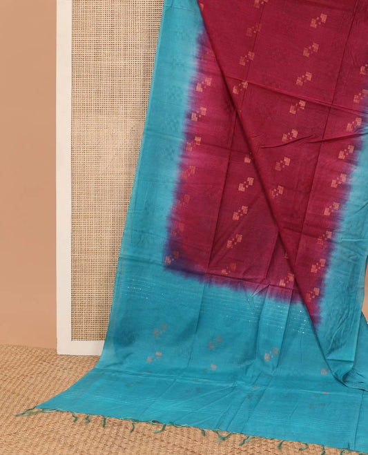 Red motifs linen saree with contrast geometric design & motifs,sequins embroidery pallu