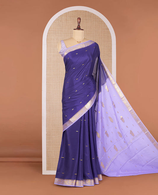 Blue Mysore Silk Saree Highlighted with Zari Buttas, Complemented by a Contrast Border Featuring Floral Designs, Pallu Featuring Zari Designs, and Paired with a Contrast Blouse