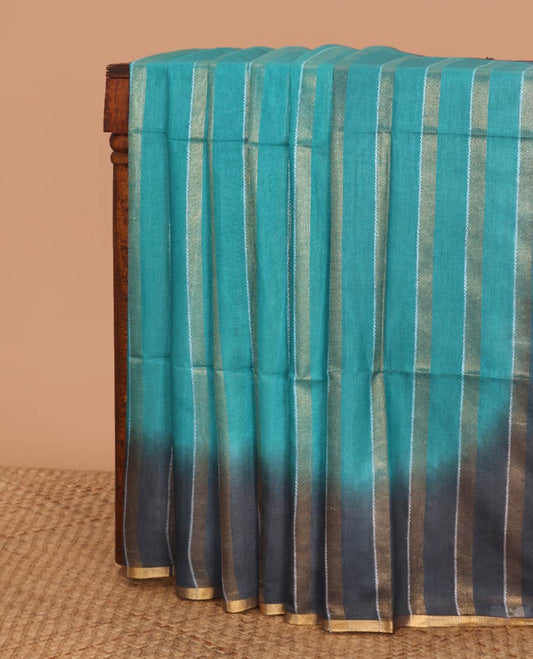 Light blue striped linen saree with contrast striped border & sequins embroidery pallu