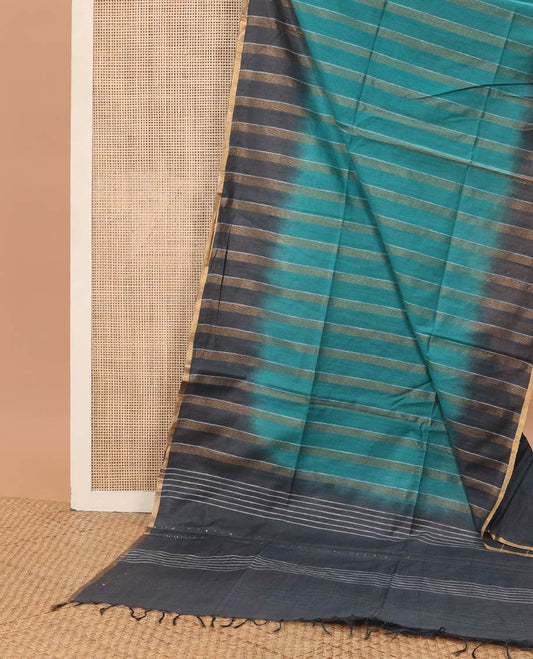 Light blue striped linen saree with contrast striped border & sequins embroidery pallu