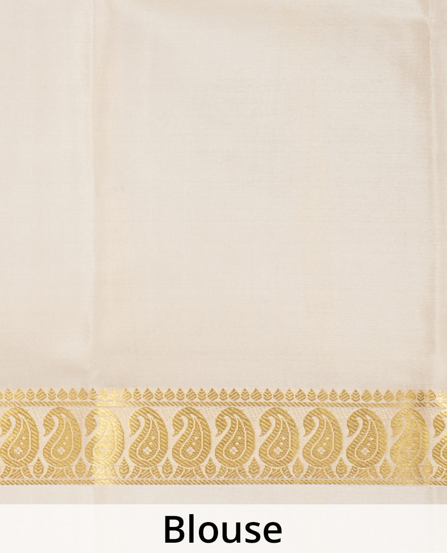 Red Plain Mysore Silk Saree, Complemented by a Contrast Border of Temple and Paisley Designs, Pallu Steeped with Zari Stripes, and Paired with a Contrast Blouse