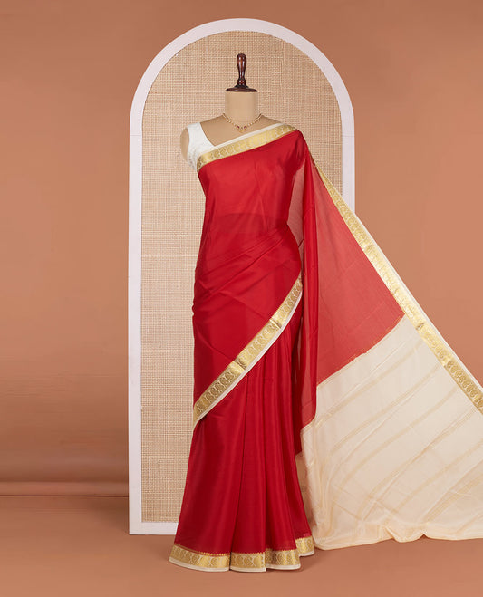 Red Plain Mysore Silk Saree, Complemented by a Contrast Border of Temple and Paisley Designs, Pallu Steeped with Zari Stripes, and Paired with a Contrast Blouse