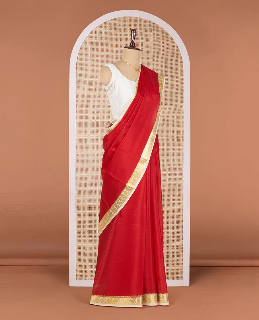 Red Plain Mysore Silk Saree, Complemented by a Contrast Border of Temple and Paisley Designs, Pallu Steeped with Zari Stripes, and Paired with a Contrast Blouse