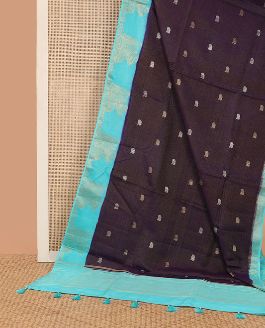 Violet buttas art silk saree with contrat zari design border & striped pallu