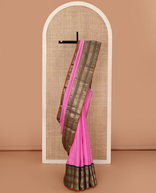 Rose milk pink zari striped Kanchipuram silk saree, contrast jaal pallu, and border of thazampoo rekku,rettai neli, rudraksham, and chakram motifs