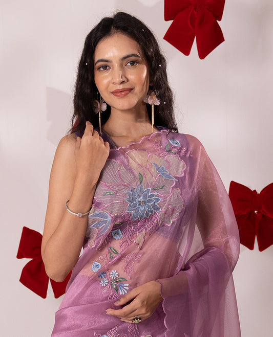 Pink floral embroidered with golden outlined organza saree, scallop border, and floral embroidered pallu