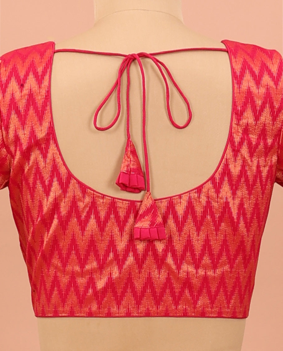 Pink chevron striped front-back round neck elbow sleeve readymade blouse
