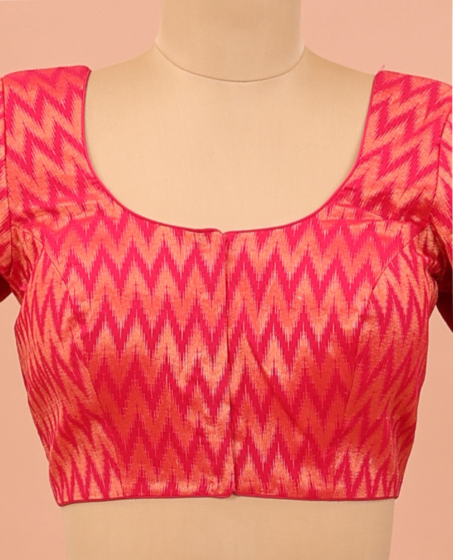 Pink chevron striped front-back round neck elbow sleeve readymade blouse