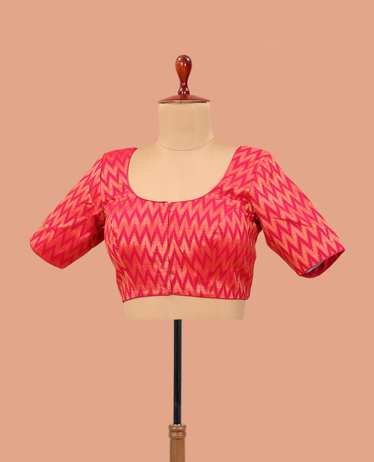Pink chevron striped front-back round neck elbow sleeve readymade blouse