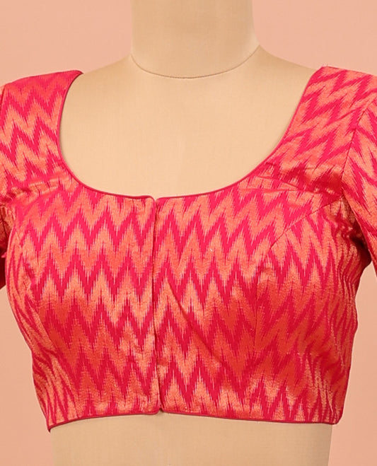 Pink chevron striped front-back round neck elbow sleeve readymade blouse