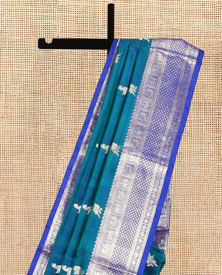 Blue peacock buttas Venkatagiri silk saree, contrast traditional zari design border, and zari-rich jaal pallu
