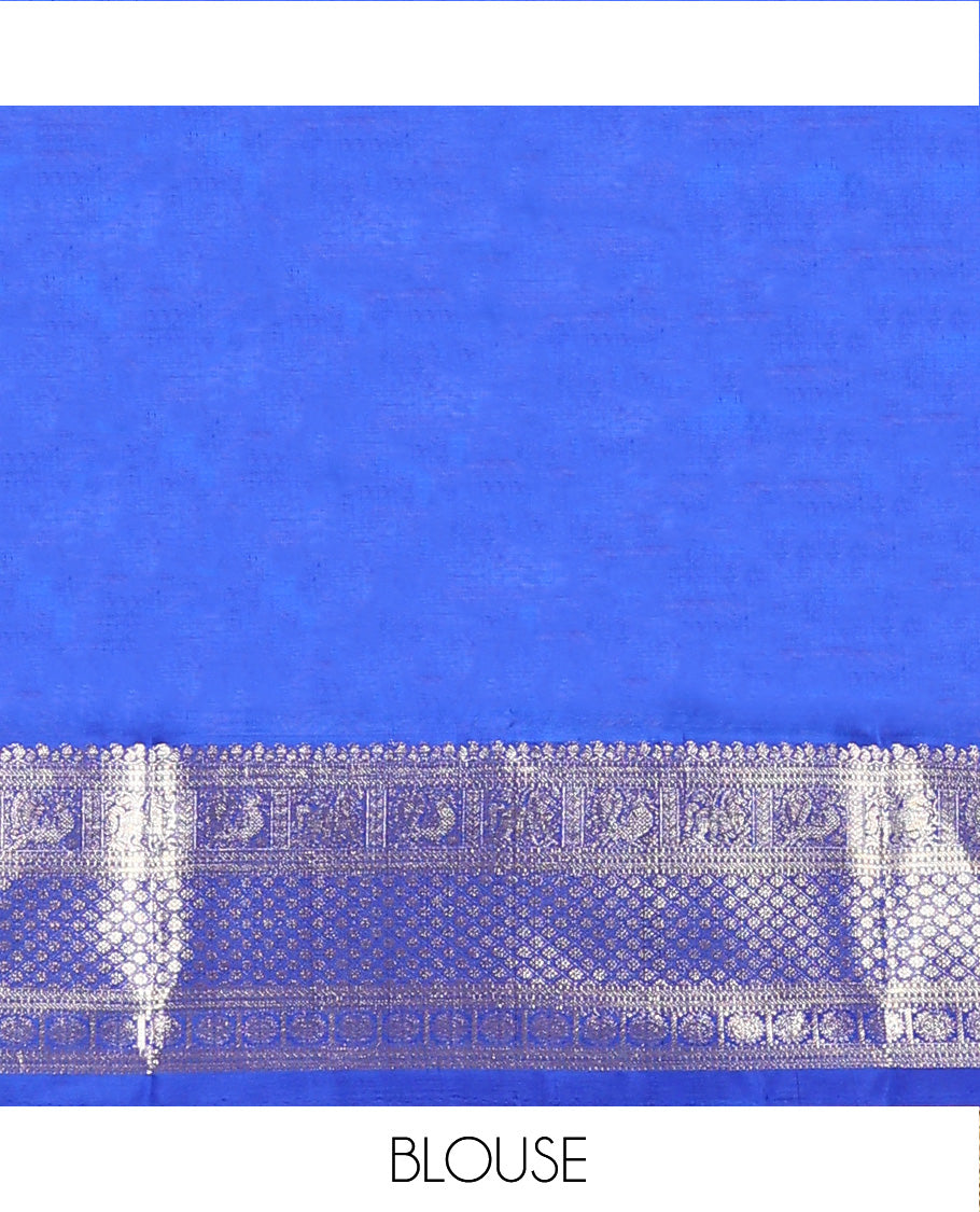 Blue peacock buttas Venkatagiri silk saree, contrast traditional zari design border, and zari-rich jaal pallu