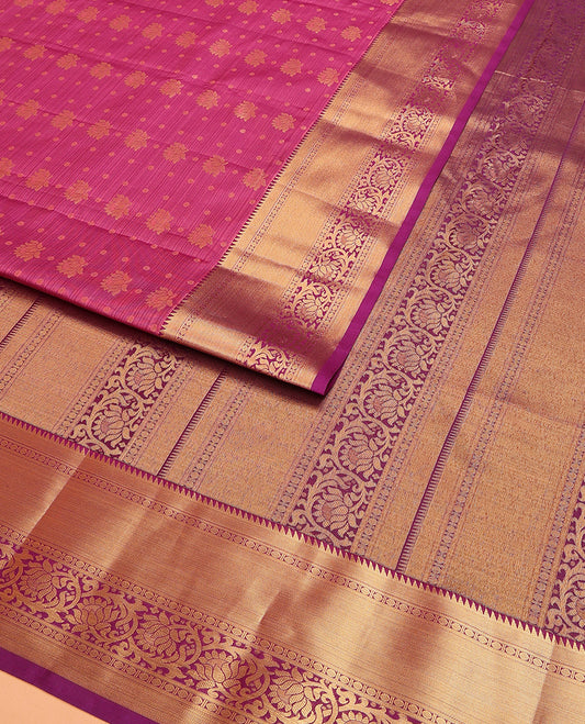 Magenta Vasundhara Lite Silk Mix Saree Graced with Zari Buttas, Highlighted with Contrast Border Featuring Ara Bogudi, Paisa, and Kodi Visiry Designs, Pallu Mirrors the Border Motifs, and Attached with a Matching Blouse