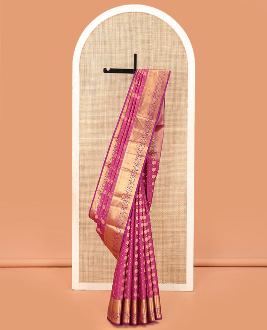 Magenta Vasundhara Lite Silk Mix Saree Graced with Zari Buttas, Highlighted with Contrast Border Featuring Ara Bogudi, Paisa, and Kodi Visiry Designs, Pallu Mirrors the Border Motifs, and Attached with a Matching Blouse