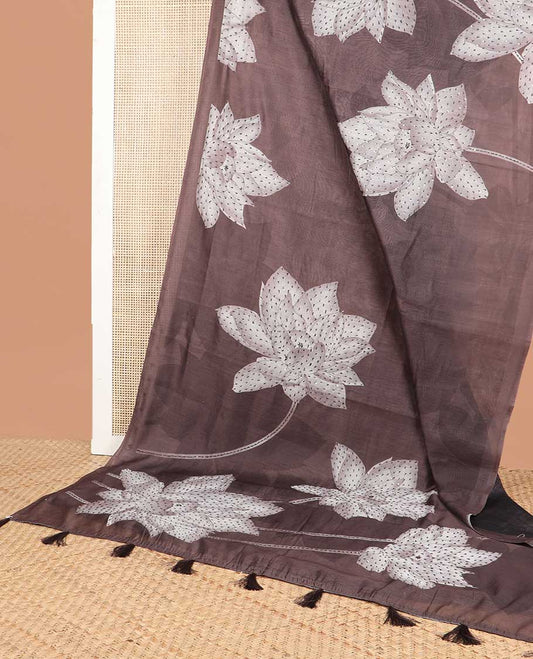 Borderless brown lotus design chanderi cotton saree, sequins work