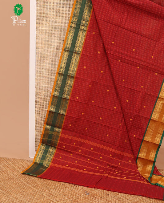 Red checked, buttas chettinad cotton saree with contrast traditional zari ganga jamuna border