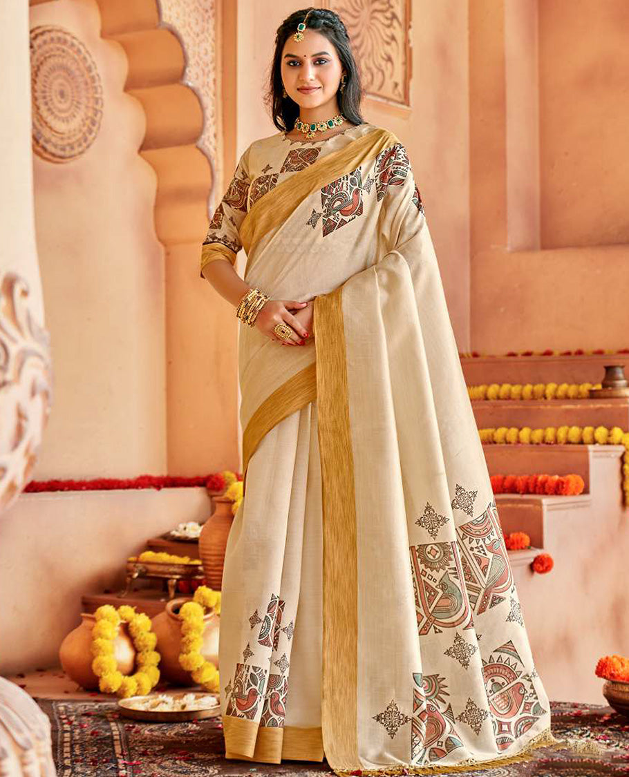 Cream bird motifs designer catalog saree, bavanji border, and pallu of bird motifs