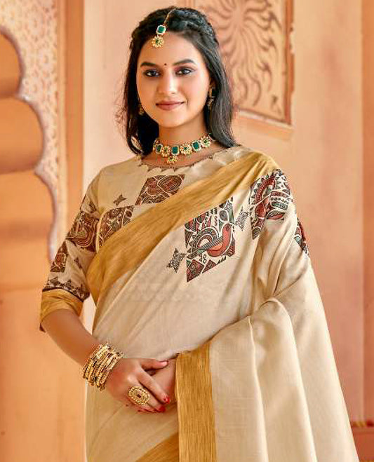 Cream bird motifs designer catalog saree, bavanji border, and pallu of bird motifs