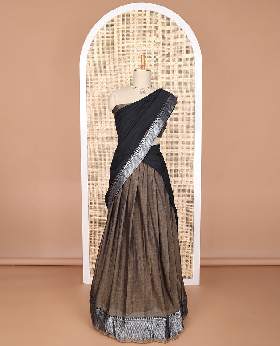 Brown cotton half saree with contrast checked, temple border , zari design blouse & checked, temple border dhavani