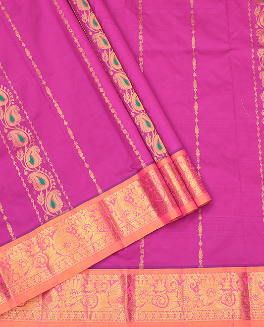 Pink Art Silk Pavadai Material Set, Embellished with Zari Designs on Its Skirt, Complemented by a Contrast Traditional Zari Border, and a Matching Blouse