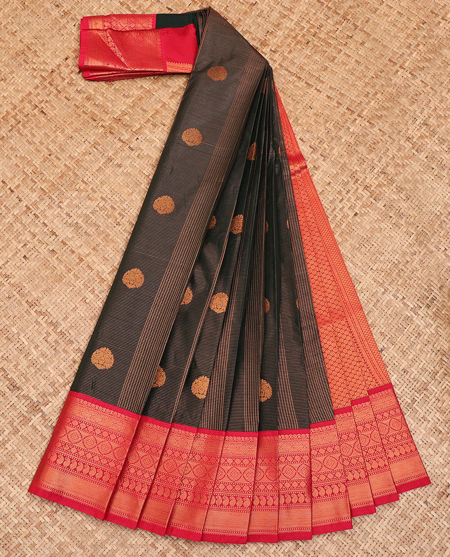 Black Budget Silk Saree, Spotlighted with Zari Stripes and Zari Buttas All Over Its Body, Complemented by a Contrast Traditional Zari Border, Grand Jaal Pallu, and Paired with a Contrast Blouse