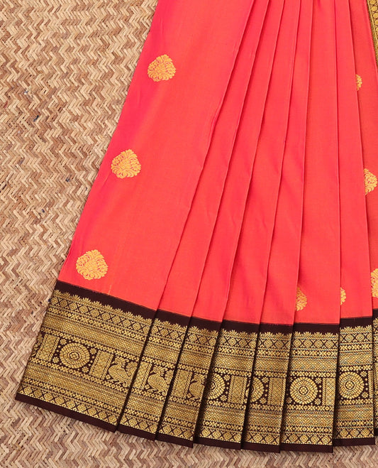 Pink Budget Silk Saree, Adorned with Zari Buttas All Over Its Body, Complemented by a Contrast Traditional Zari Border of Peacock-Chakram Designs, Gleaming Pallu of Jaal Design, and Paired with a Contrast Blouse
