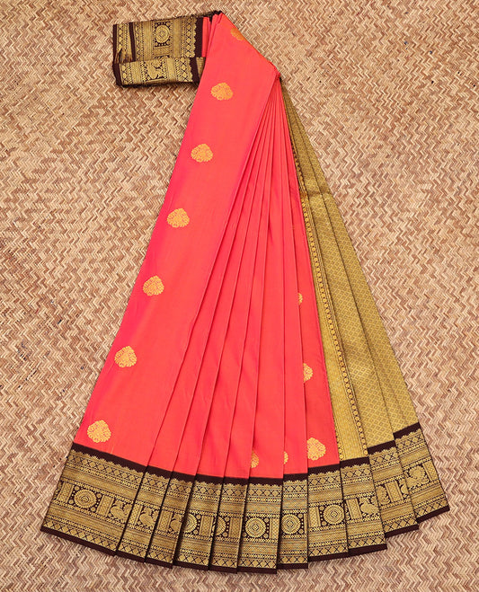 Pink Budget Silk Saree, Adorned with Zari Buttas All Over Its Body, Complemented by a Contrast Traditional Zari Border of Peacock-Chakram Designs, Gleaming Pallu of Jaal Design, and Paired with a Contrast Blouse