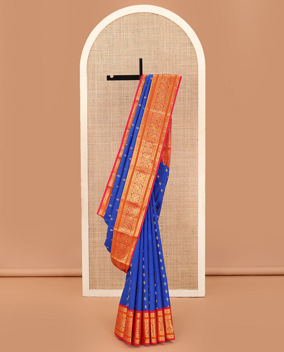 Blue zari buttas Bangalore silk saree, contrast zari border of traditional designs, and circle patterned pallu
