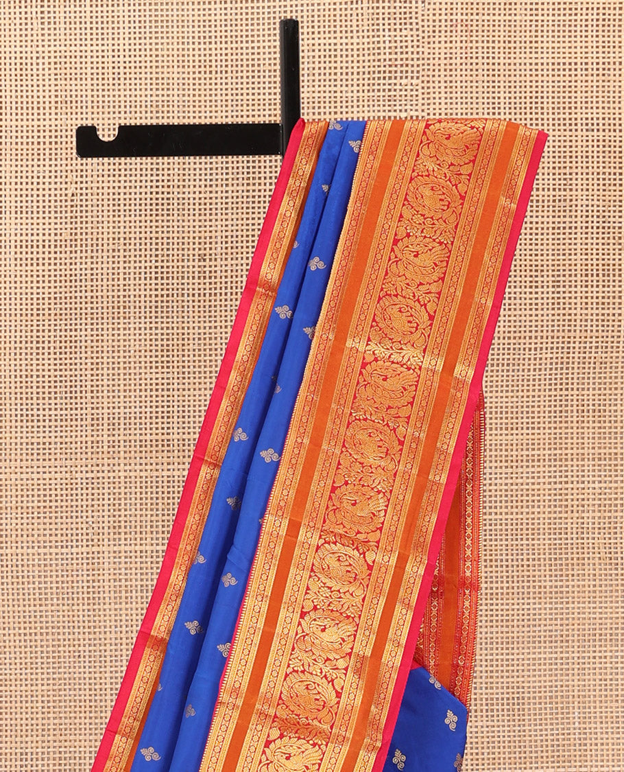 Blue zari buttas Bangalore silk saree, contrast zari border of traditional designs, and circle patterned pallu