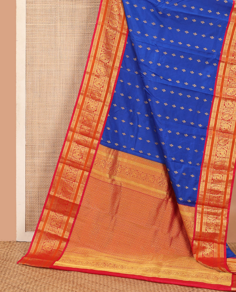 Blue zari buttas Bangalore silk saree, contrast zari border of traditional designs, and circle patterned pallu
