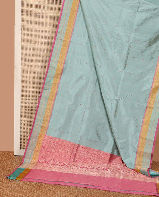 Blue zari buttas Katan silk saree, contrast traditional border of floral creeper design, and intricate pallu