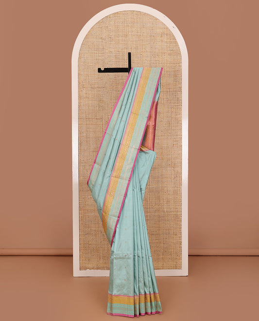 Blue zari buttas Katan silk saree, contrast traditional border of floral creeper design, and intricate pallu