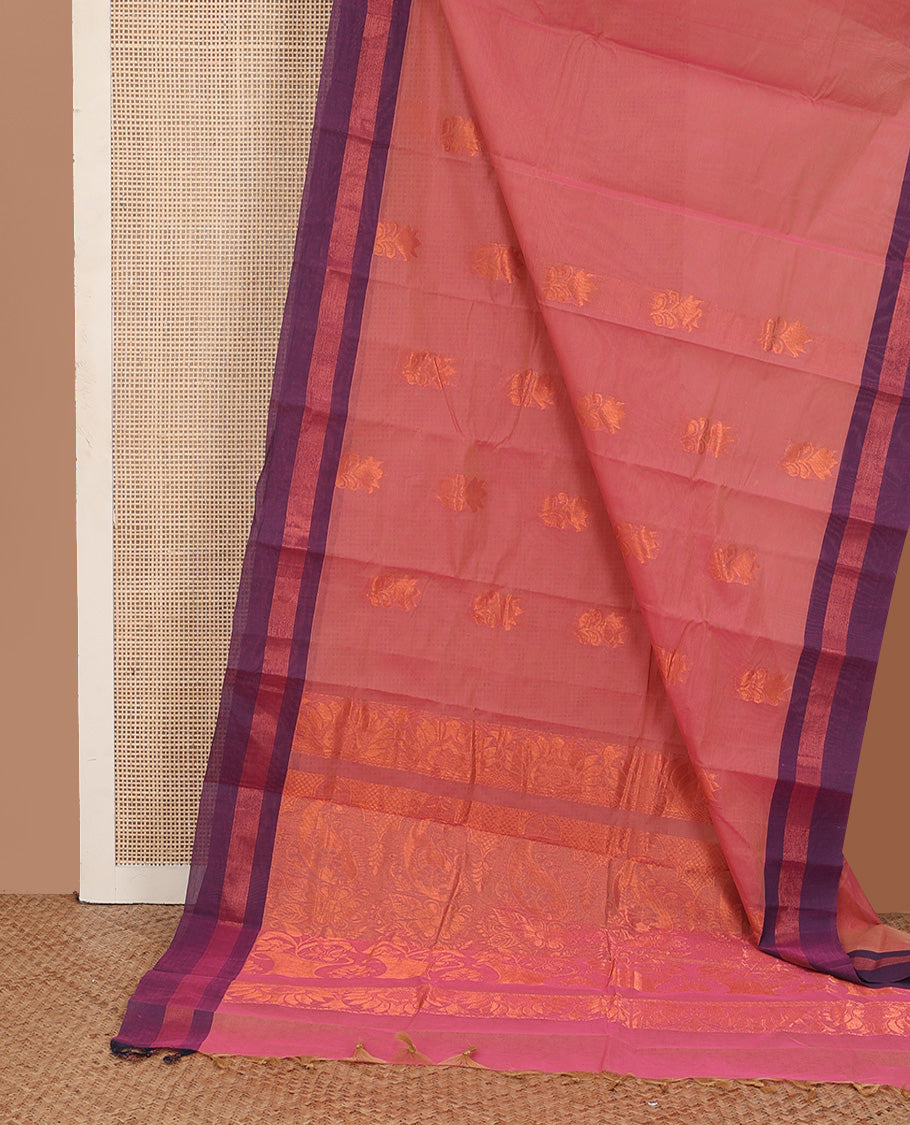 Pink floral zari buttas kanchi cotton saree, contrast border, and floral-paisley woven pallu